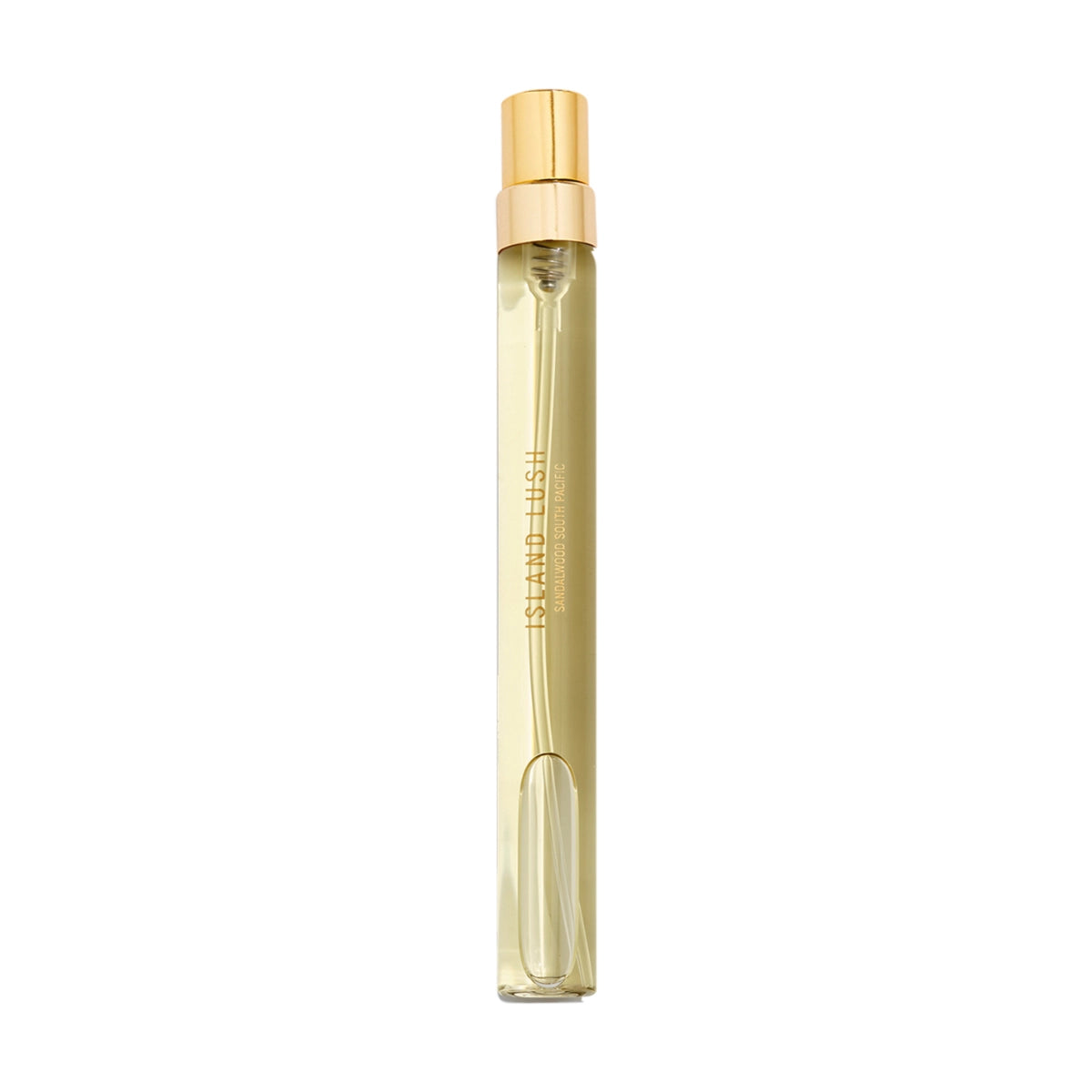 Goldfield & Banks - Botanical Series - Island Lush schlanker Parfümflakon mit goldfarbenem Zerstäuber vor weißem Hintergrund