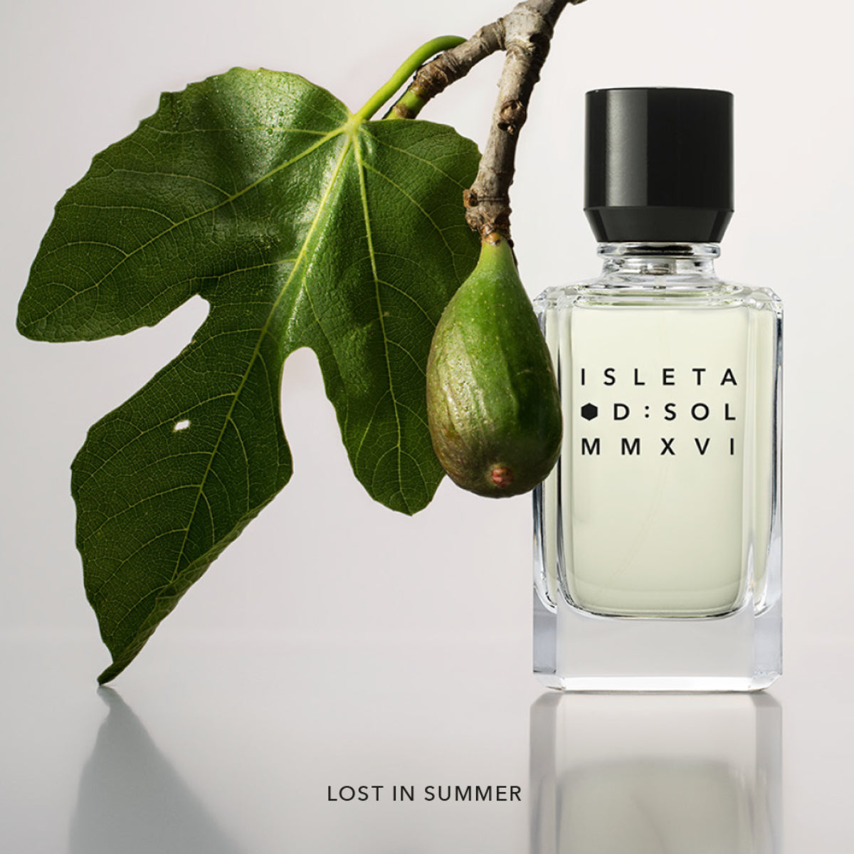 D:SOL MMXVI - Isleta Parfumflakon mit klarem Glas neben Feigenblatt und Frucht vor hellem Hintergrund