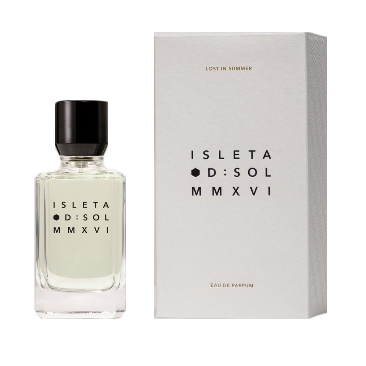 D:SOL MMXVI - Isleta Parfumflakon mit klarer Flüssigkeit und schwarzem Verschluss neben eleganter weißer Verpackung