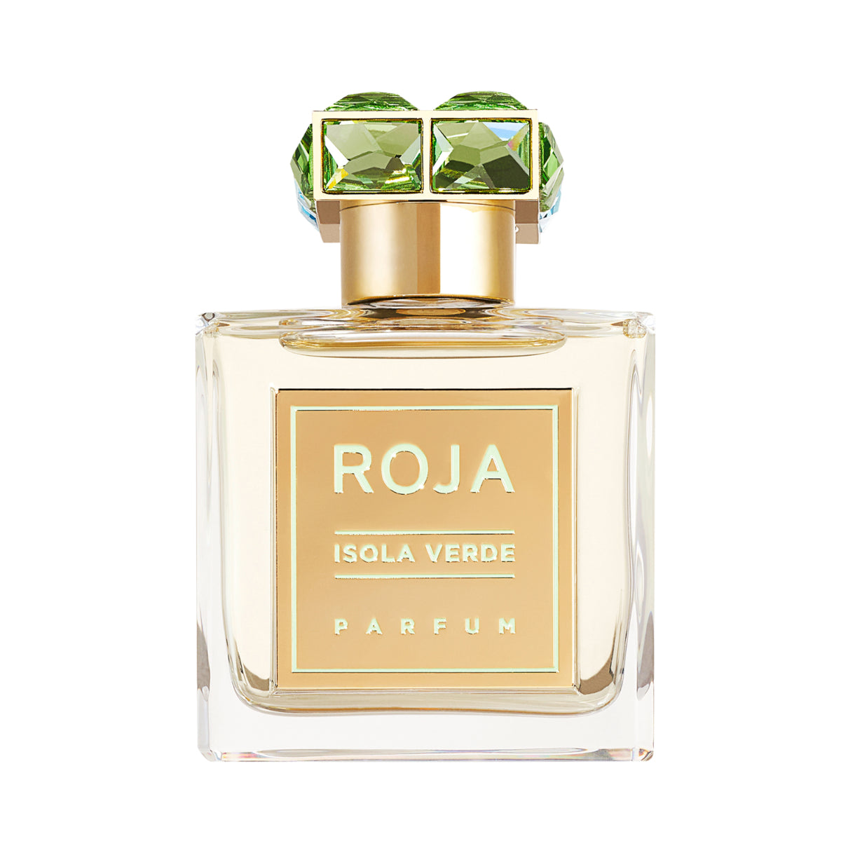 Roja Parfums - Isola Verde Parfum mit transparentem Flakon und goldfarbenem Etikett, grüner Kristallkappe vor weißem Hintergrund