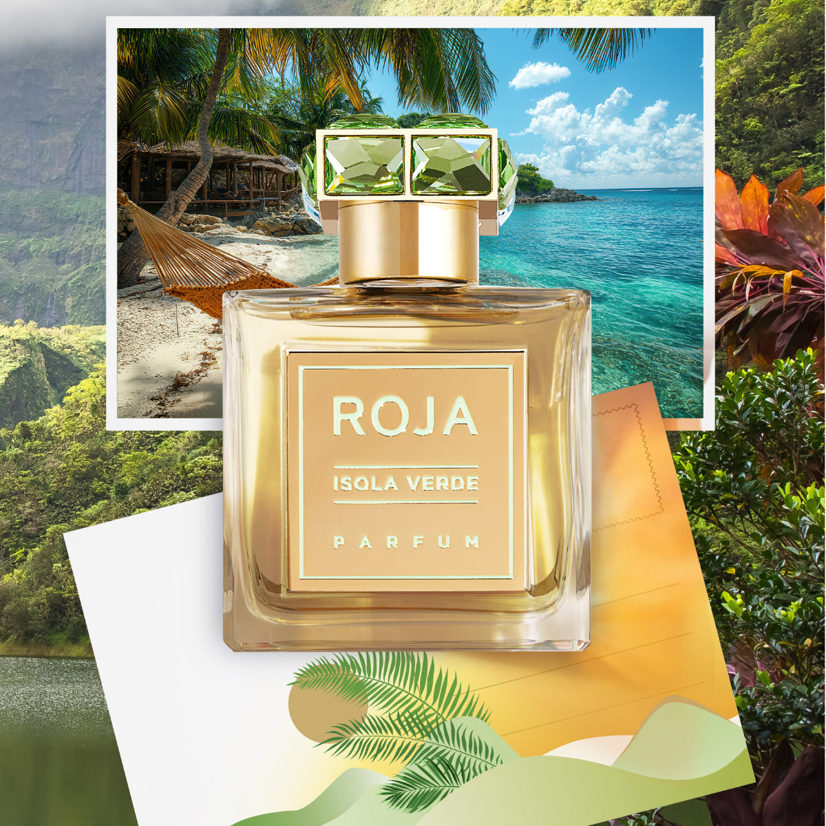 Roja Parfums - Isola Verde Parfumflakon mit goldfarbenem Etikett und grüner Kristallkappe vor tropischem Inselmotiv