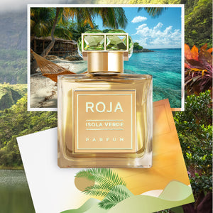 Roja Parfums - Isola Verde Parfumflakon mit goldfarbenem Etikett und grüner Kristallkappe vor tropischem Inselmotiv