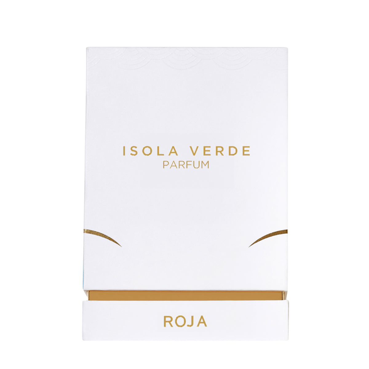 Roja Parfums - Isola Verde weiße Verpackung mit goldener Schrift minimalistisch und edel gestaltet vor weißem Hintergrund
