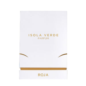 Roja Parfums - Isola Verde weiße Verpackung mit goldener Schrift minimalistisch und edel gestaltet vor weißem Hintergrund