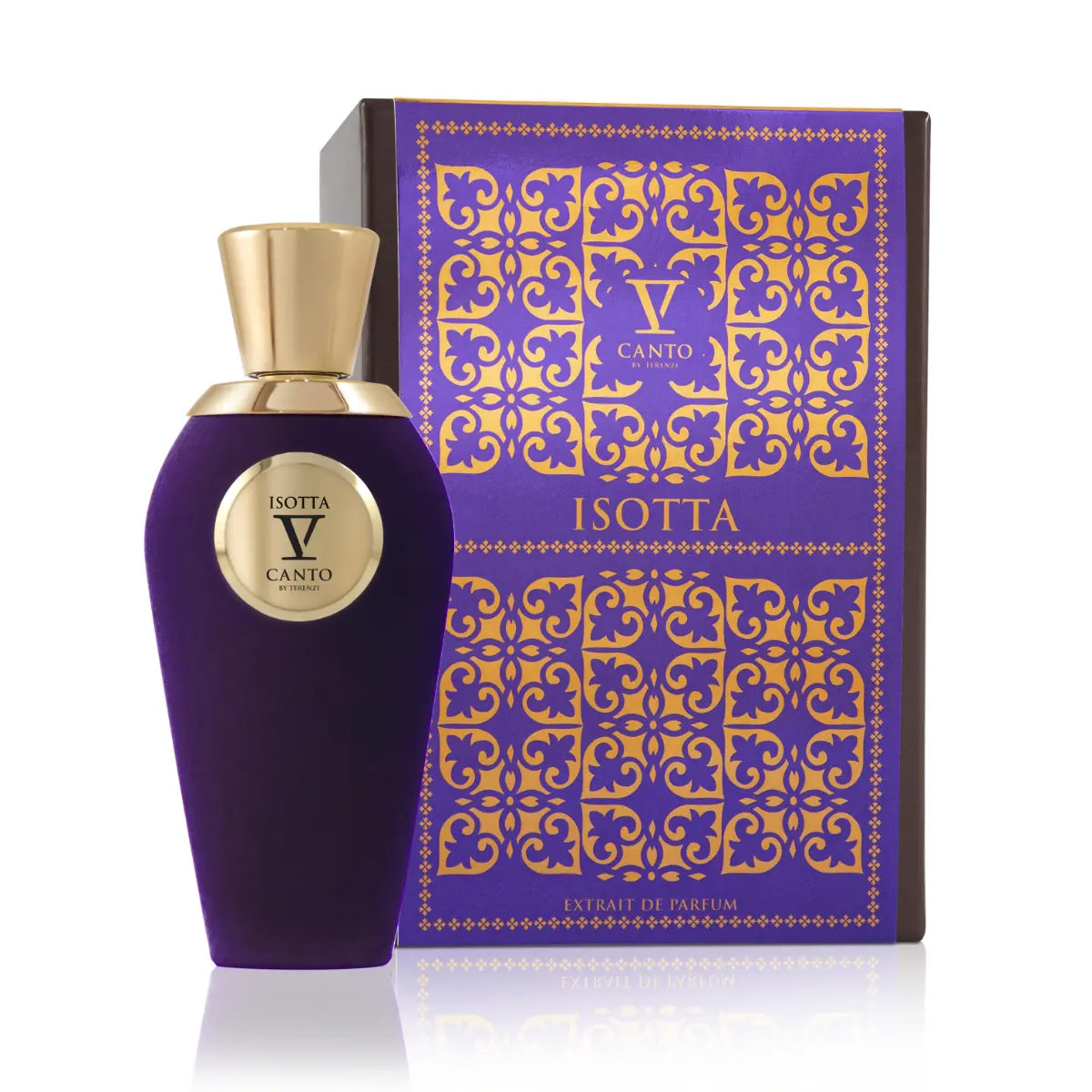 V Canto - Isotta Parfumflakon in tiefviolettem Samt mit goldfarbenem Verschluss und dekorativer Geschenkbox im gleichen Design