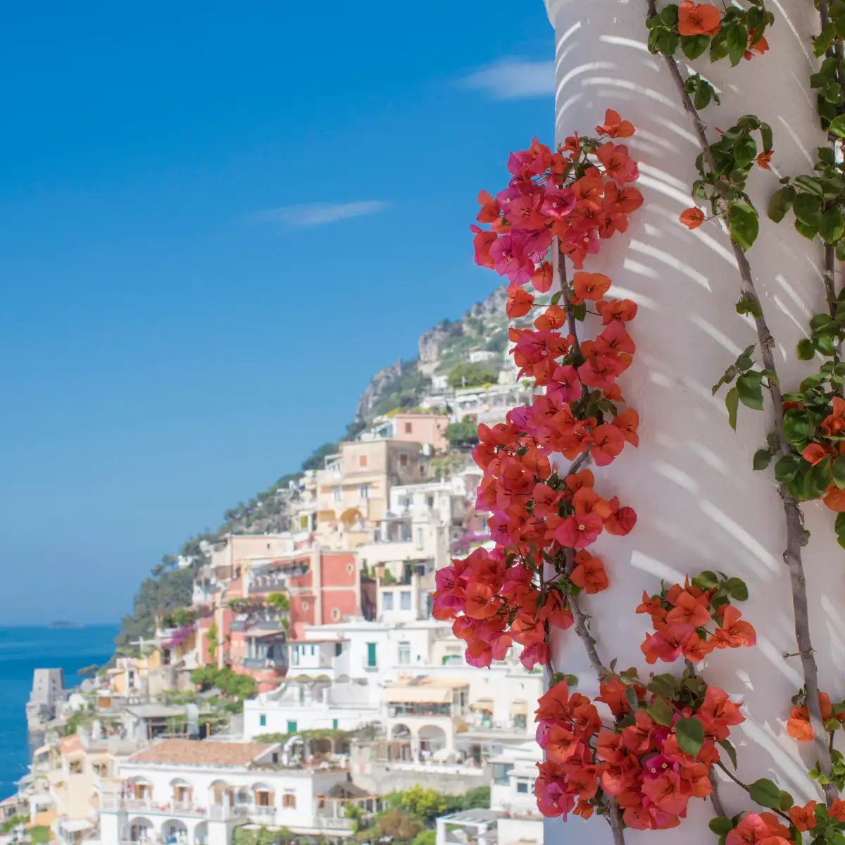 Eau d'Italie - Jardin du Poète blühende Kletterpflanzen an Säule mit mediterranem Küstenort im Hintergrund