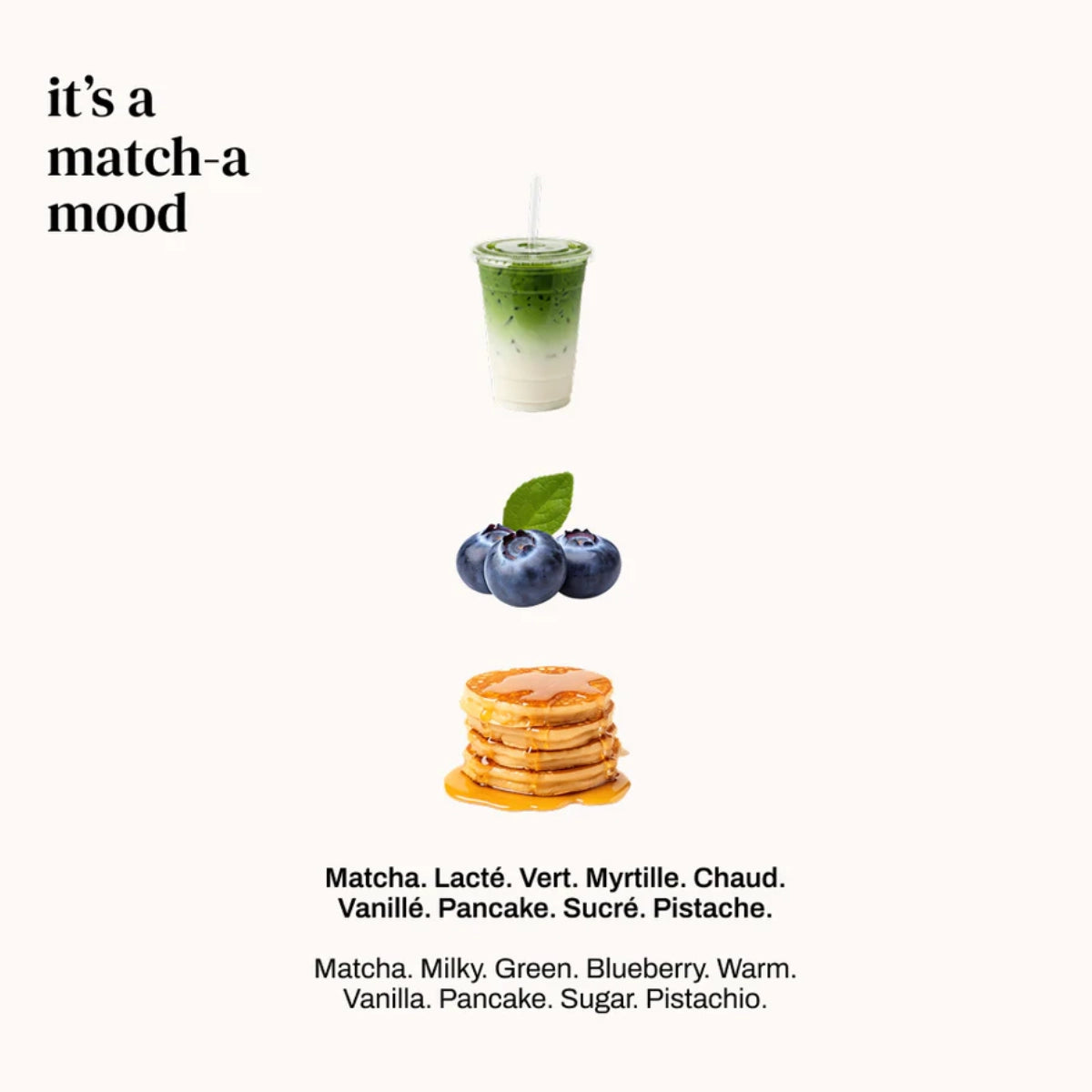Versatile - It’s a Match-A mit grünem Matcha-Getränk, Blaubeeren und Pfannkuchen mit Ahornsirup vor hellem Hintergrund