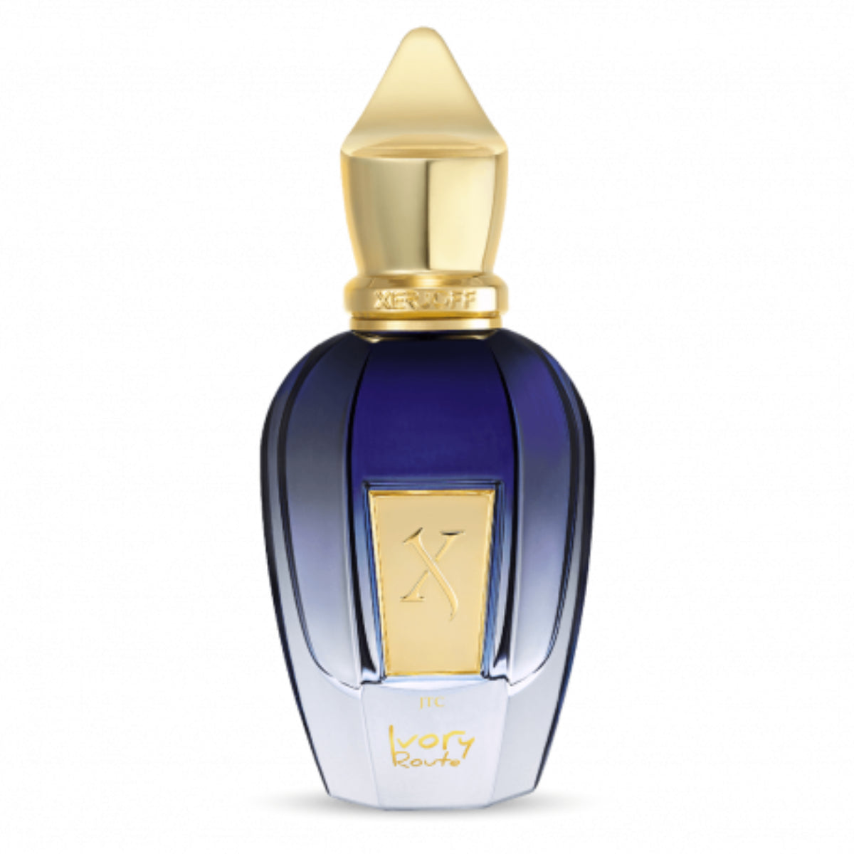 Xerjoff - Join The Club - Ivory Route Parfumflakon mit goldfarbenem Verschluss und blau-weißem Farbverlauf elegant gestaltet