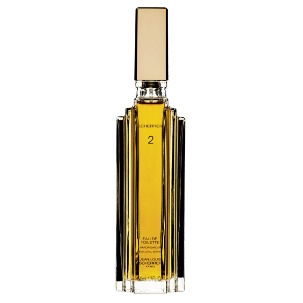 Scherrer - Scherrer 2 schlanker Flakon mit goldenem Verschluss und bernsteinfarbenem Duft vor weißem Hintergrund