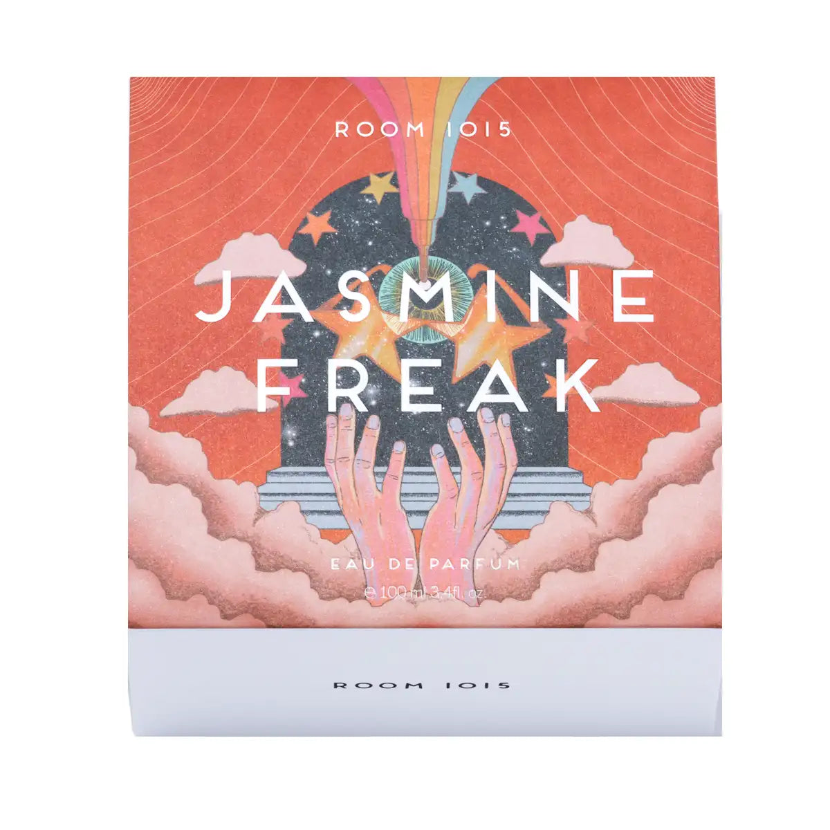 Room 1015 - Jasmine Freak zeigt künstlerische Verpackung mit leuchtenden Sternen, Wolken und Händen vor orangefarbenem Hintergrund