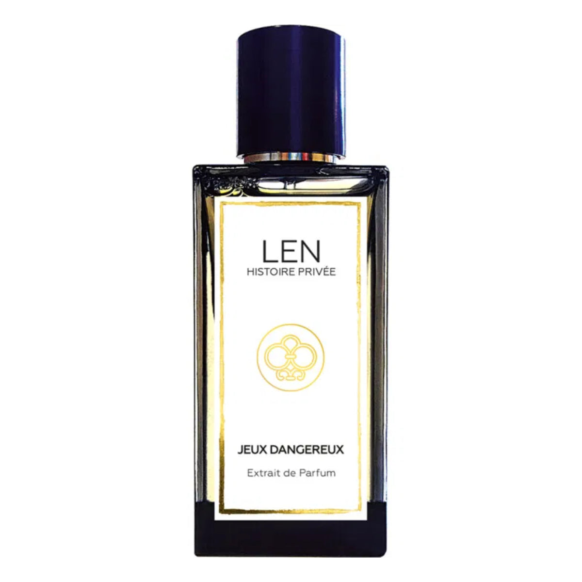 LEN - Histoire Privée - Jeux Dangereux Parfumflakon mit klarer Glasflasche und schwarzem Verschluss auf weißem Hintergrund