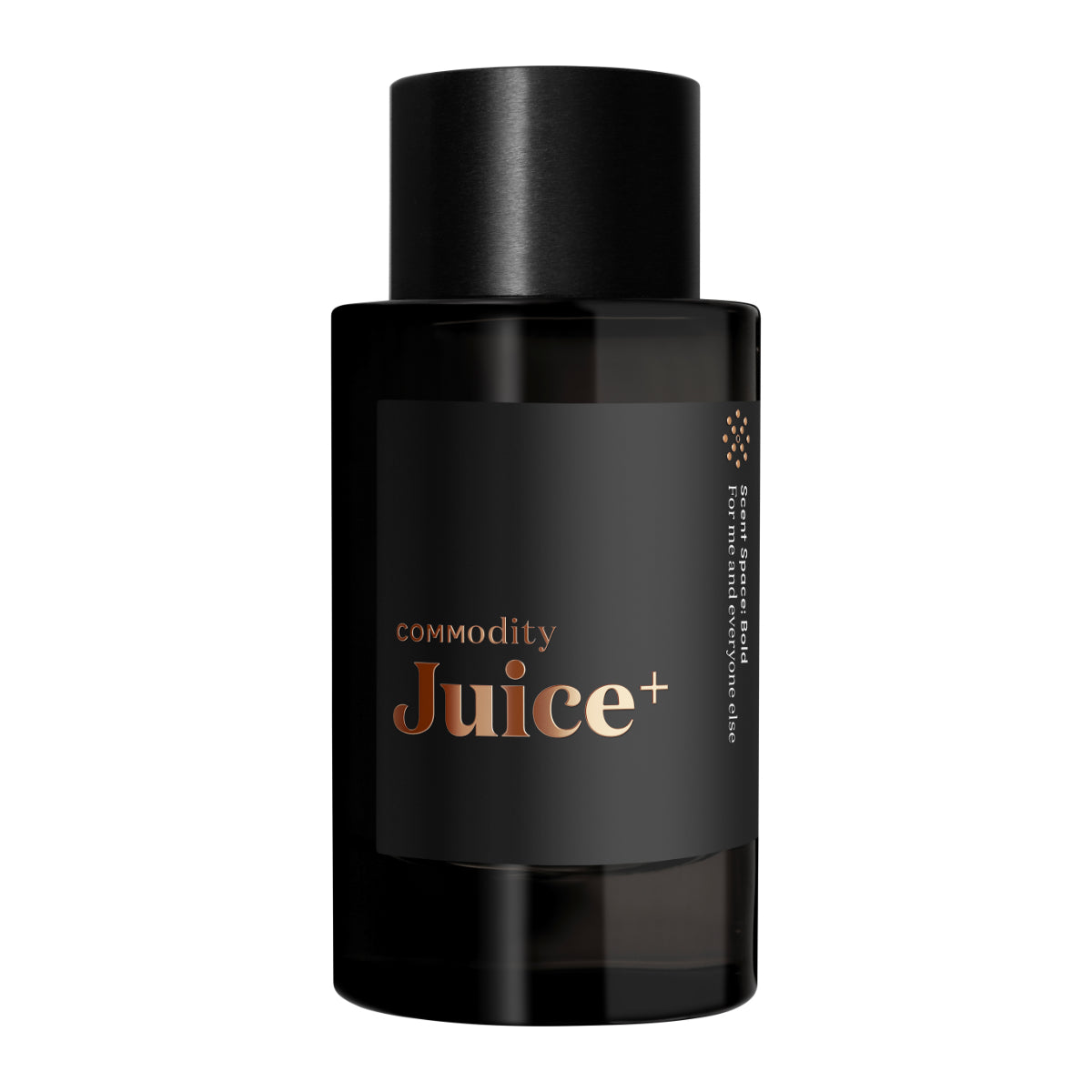 Commodity - Juice+ schwarzer Flakon mit kupferfarbenem Schriftzug vor weißem Hintergrund