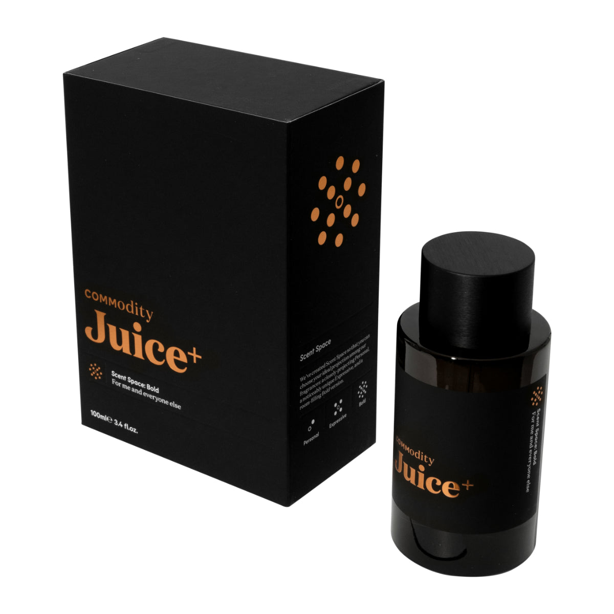 Commodity - Juice+ schwarzer Flakon mit kupferfarbenem Schriftzug neben passender schwarzer Verpackung auf weißem Hintergrund