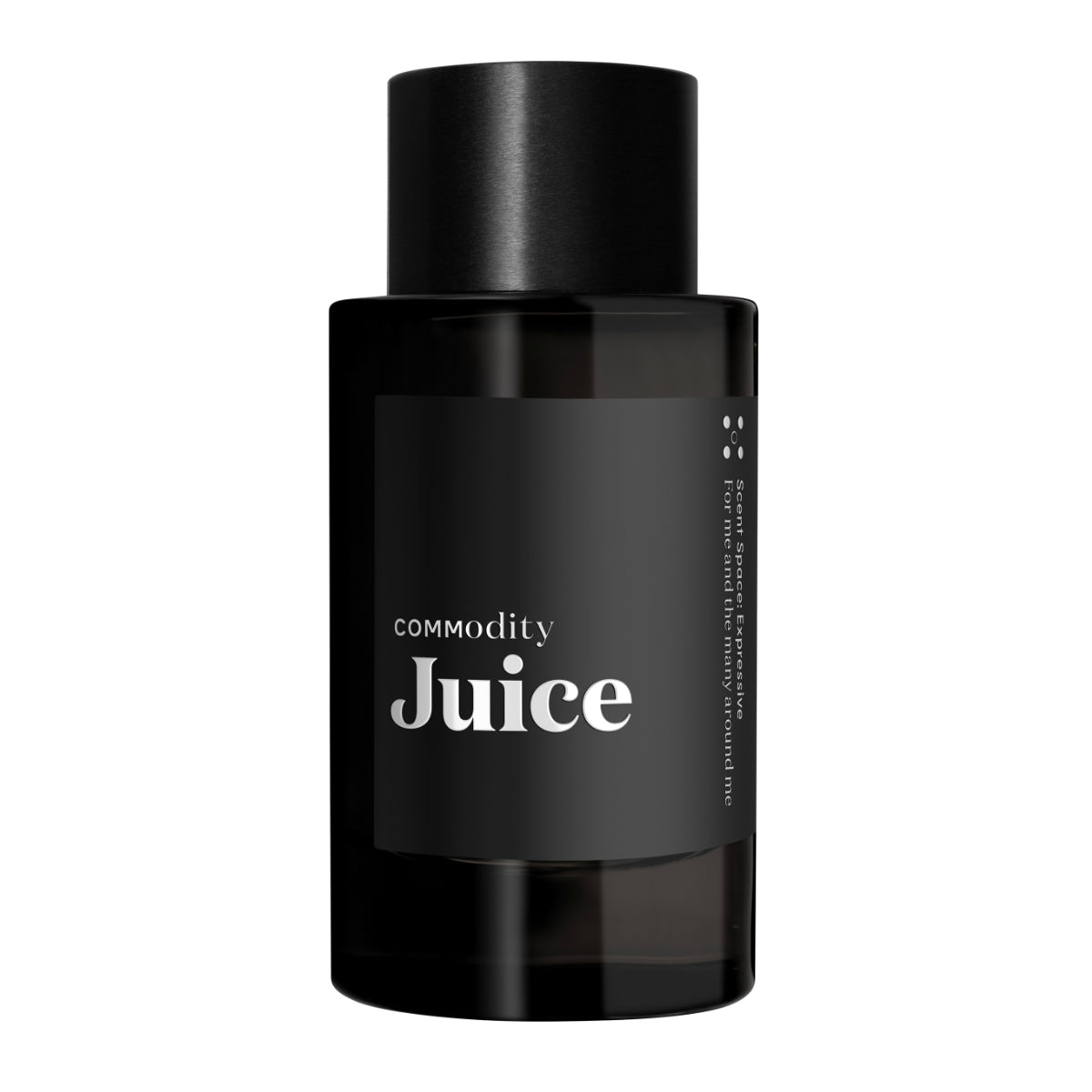 Commodity - Juice schwarzer Flakon mit schlichtem Etikett und modernem Design vor weißem Hintergrund