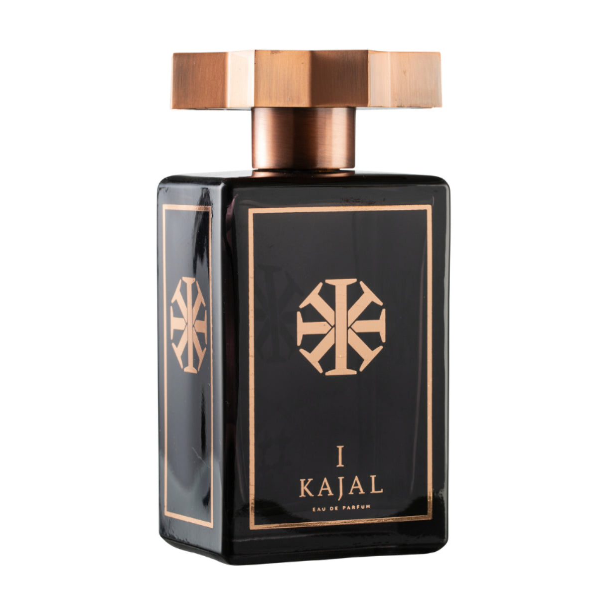 Kajal - Kajal I Parfumflakon in schwarzem Glas mit goldfarbenem Design und markantem achteckigem Verschluss vor weißem Hintergrund
