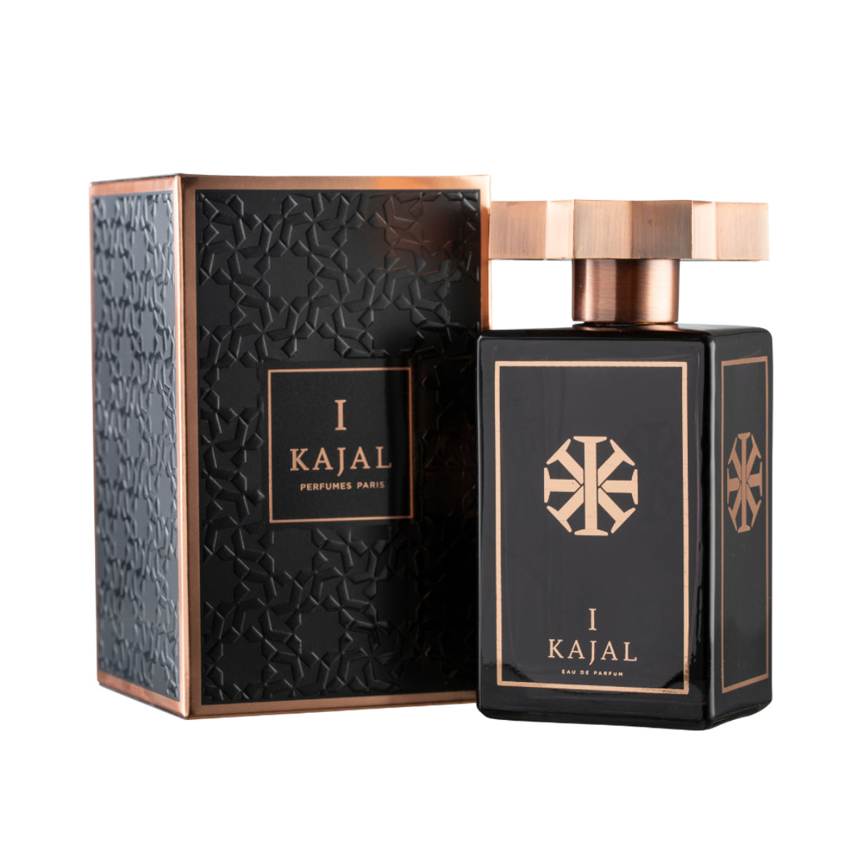 Kajal - Kajal I Parfumflakon aus schwarzem Glas mit geometrischem Verschluss und passender Geschenkbox mit Reliefformeanprägung
