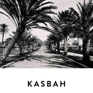 19-69 - Kasbah Schwarz-Weiß-Ansicht einer von Palmen gesäumten Allee mit marokkanischem Flair aus den 1960er Jahren