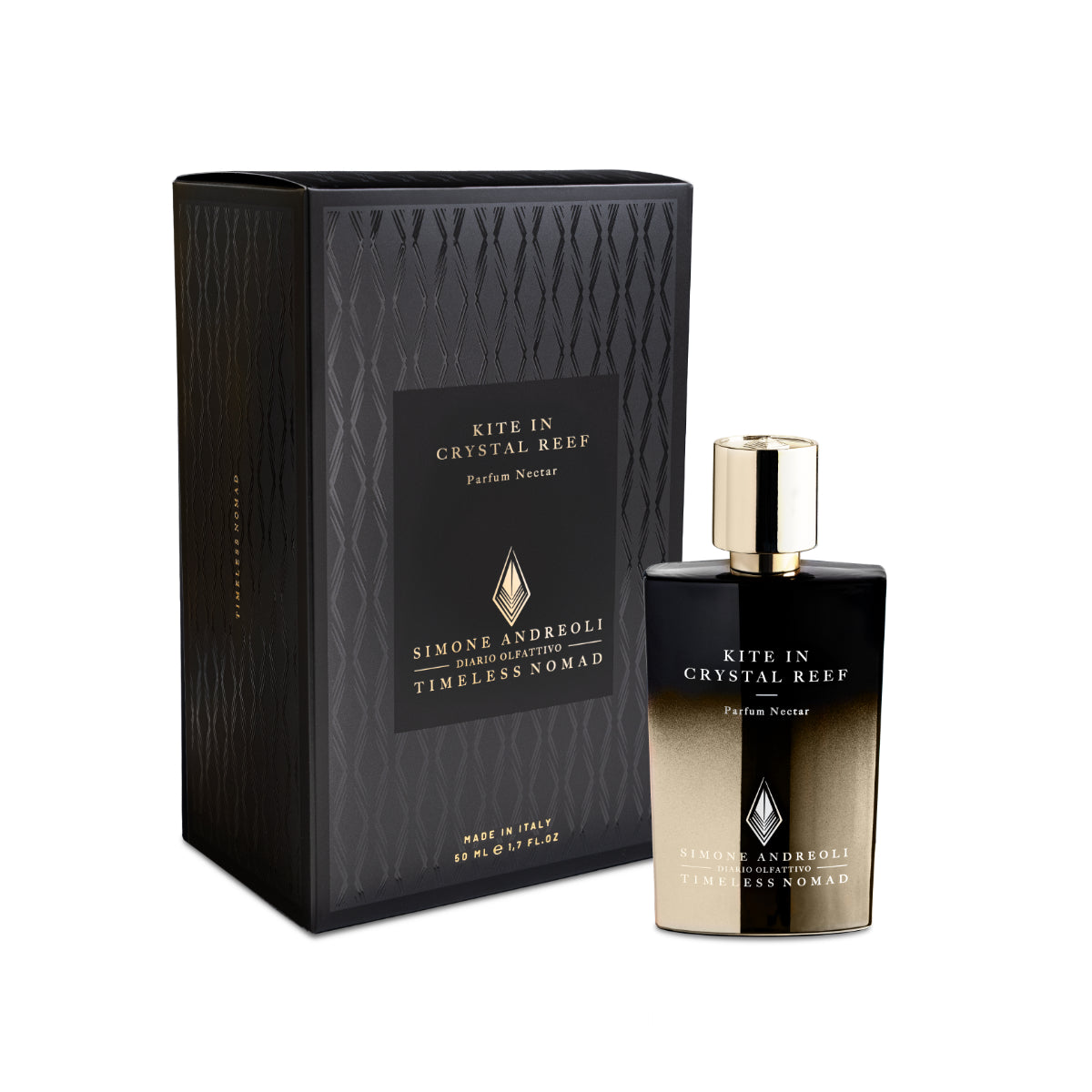Simone Andreoli - Kite in Crystal Reef Parfumflakon mit edlem Schwarz-Gold-Verlauf und passender schwarzer Verpackung