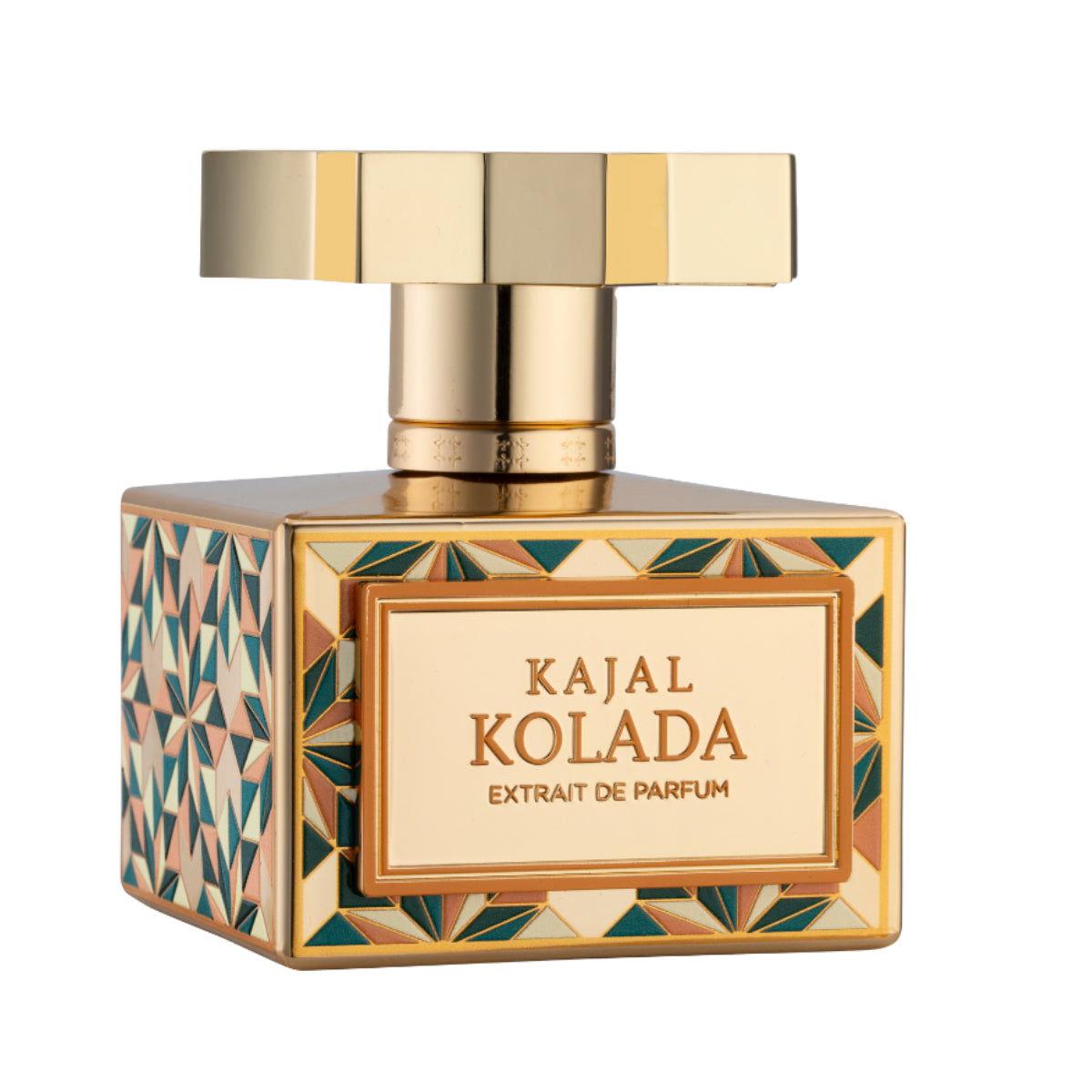 Kajal - Kolada Parfumflakon mit goldenen Details und geometrischem Muster in warmen Tönen vor weißem Hintergrund