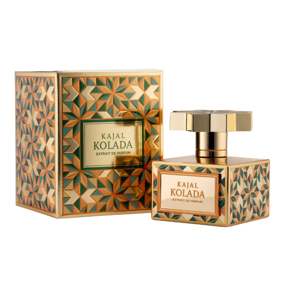 Kajal - Kolada Parfumflakon mit aufwendig gestaltetem geometrischem Muster in Gold, Grün und Orange vor weißem Hintergrund