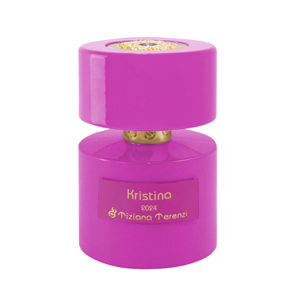 Tiziana Terenzi - Anniversary Collection - Kristina in auffälligem magentafarbenem Flakon mit goldener Beschriftung vor weißem Hintergrund