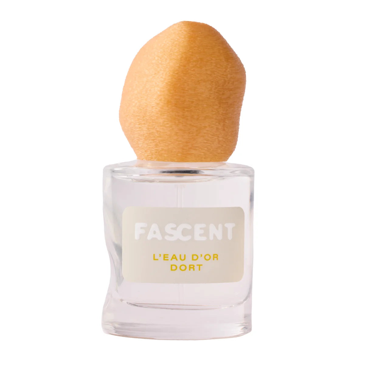 Fascent - L'Eau d'Or Dort Parfumflakon mit rundem, bernsteinfarbenem Deckel und klarem Glas vor weißem Hintergrund