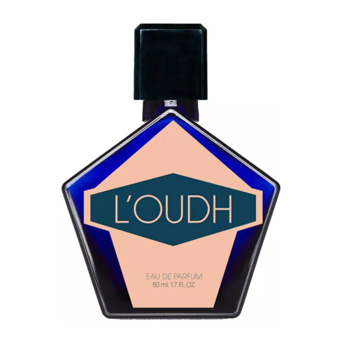 Andy Tauer - L'oudh Parfumflakon in pentagonaler Form mit tiefblauem Glas und schwarzem Verschluss vor weißem Hintergrund