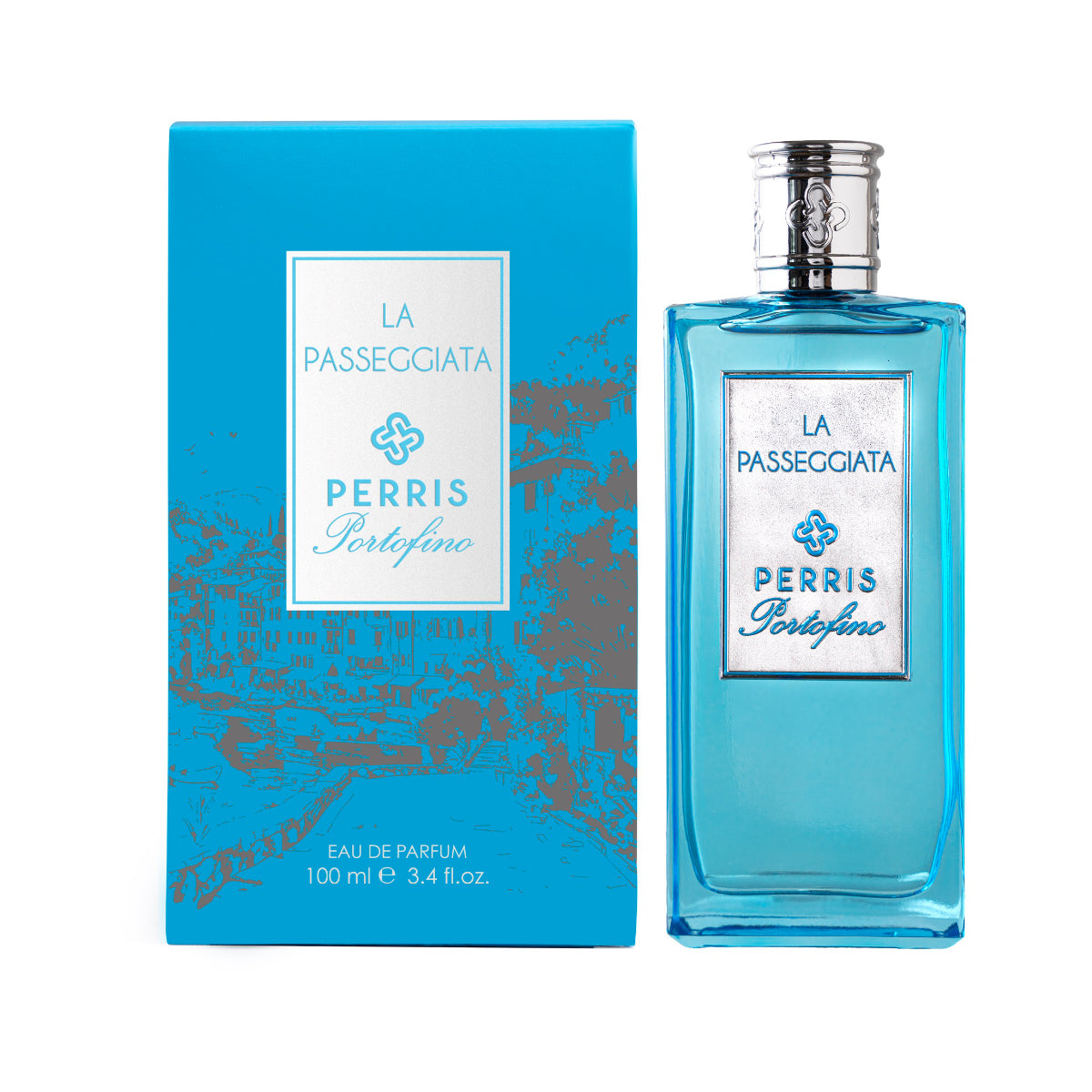 Perris Monte Carlo - Portofino - La Passeggiata blauer Flakon mit silbernem Verschluss neben passender Verpackung