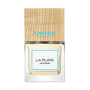 Carner Barcelona - Mediterranean Collection - La Playa Flakon mit hölzernem Verschluss und klarem Glas vor weißem Hintergrund