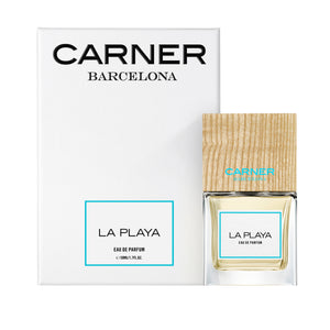 Carner Barcelona - Mediterranean Collection - La Playa Flakon mit holzmaserndem Verschluss vor weißer Verpackung