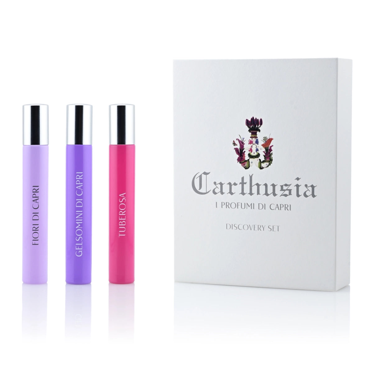 Carthusia - Primavera Caprese - Discovery Set mit drei Miniaturdüften in Lila- und Pinktönen und edler Verpackung