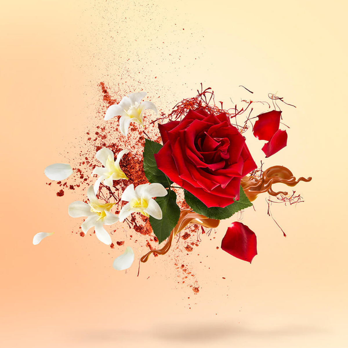 Xerjoff - Spotlight - La Capitale mit roten Rosen, weißen Blüten und lebhaften Farbpartikeln vor hellem Hintergrund