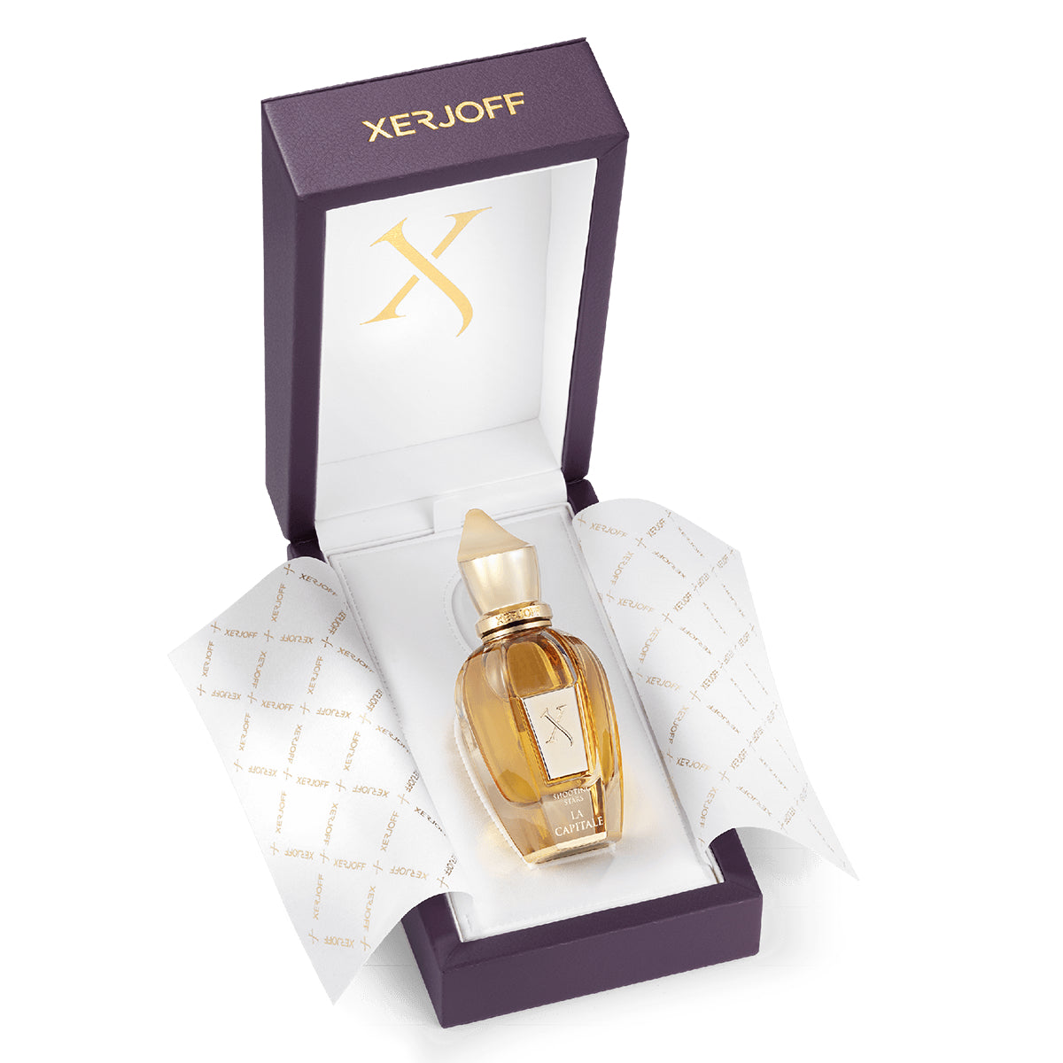 Xerjoff - Spotlight - La Capitale Parfumflakon in goldfarbenem Design präsentiert in hochwertiger Geschenkbox