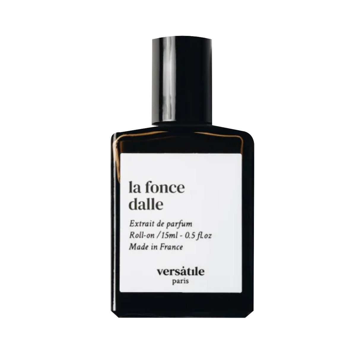 Versatile - La Foncedalle Roll-on Parfumflakon in schlichtem schwarzem Design mit weißem Etikett und minimalistischer Typografie