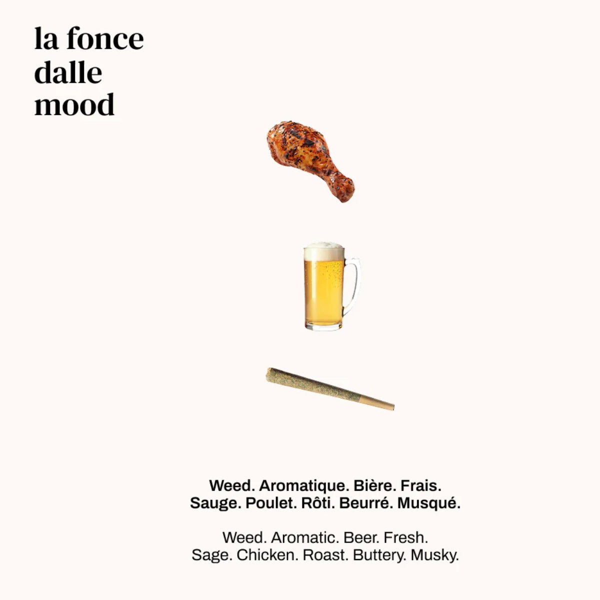 Versatile - La Foncedalle mit Hähnchenkeule, Bierglas und aromatischem Gras in klarer Anordnung auf hellem Hintergrund