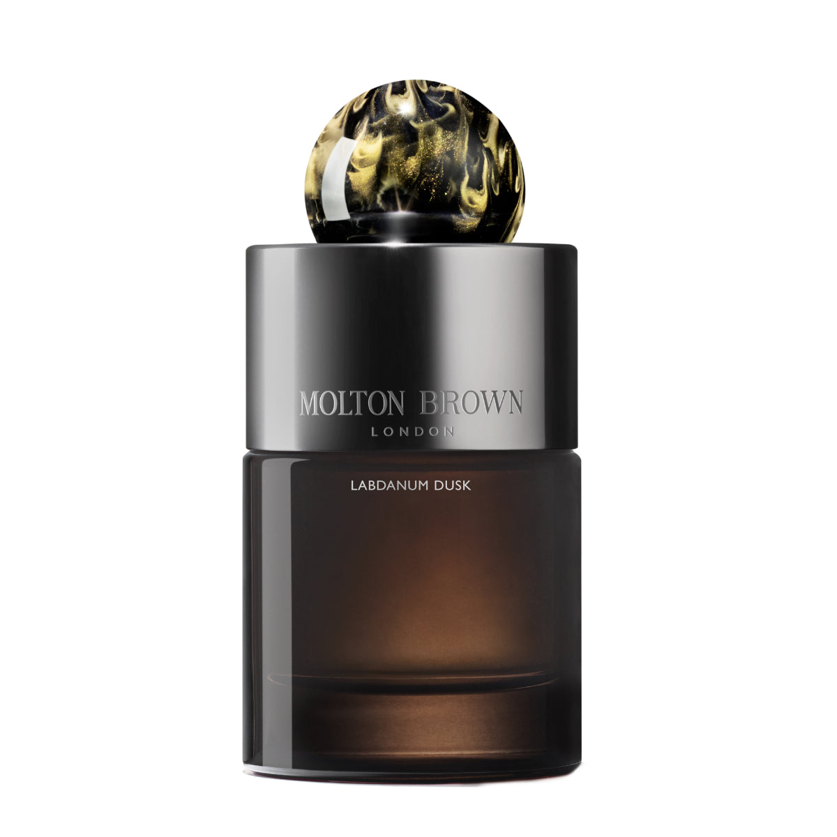 Molton Brown - Labdanum Dusk Parfumflakon mit dunklem Glas und dekorativem gold-schwarzem Verschluss vor weißem Hintergrund