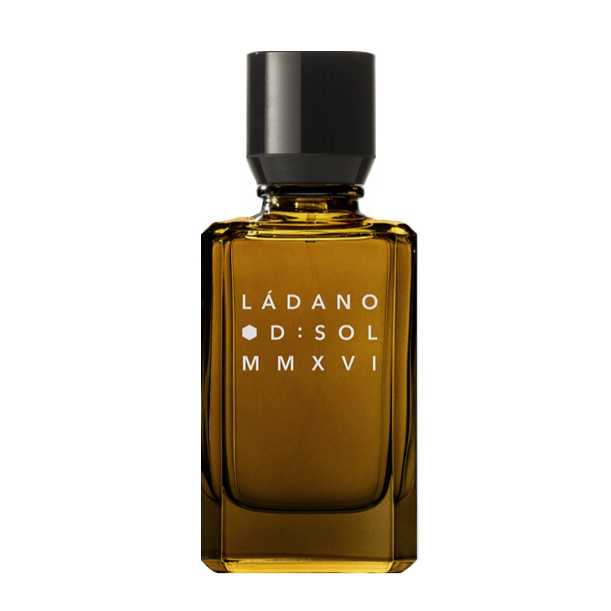D:SOL MMXVI - Ládano Parfumflakon in bernsteinfarbenem Glas mit schwarzem Verschluss und minimalistischem Schriftzug auf weißem Hintergrund