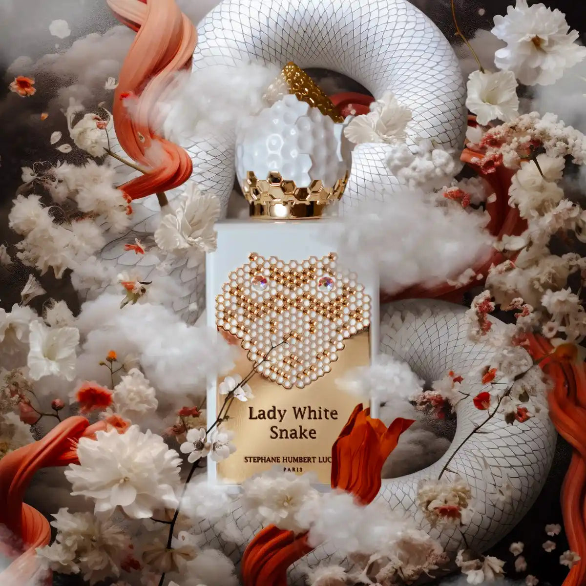 Stéphane Humbert Lucas 777 - Lady White Snake Flakon mit goldener Reliefschlange umgeben von weißen Blumen und Nebel