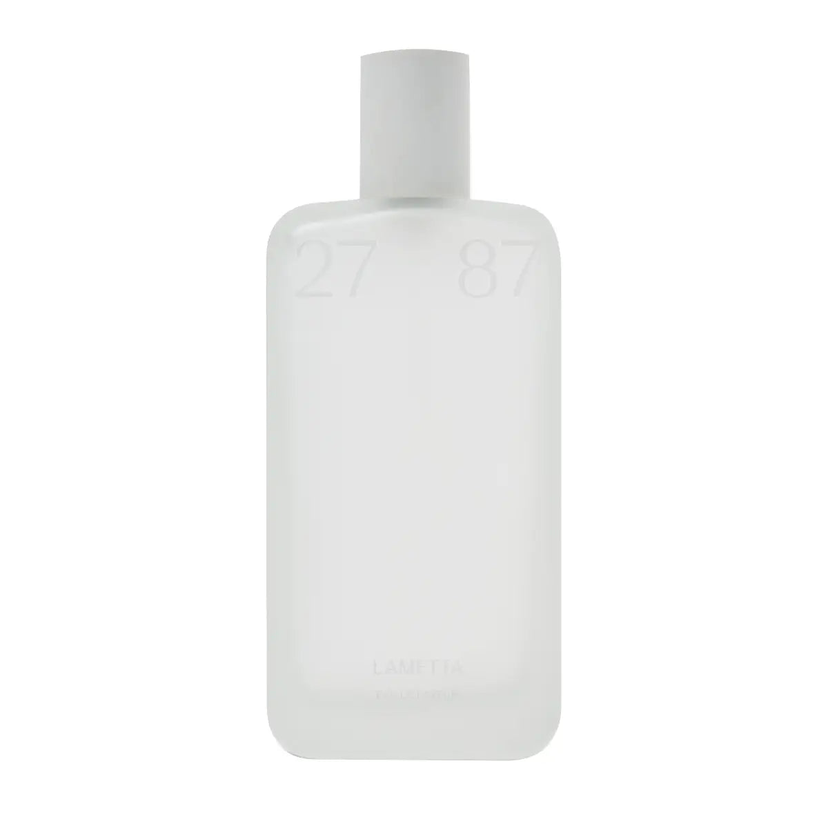 27 87 Perfumes - Lametta eleganter, milchig weißer Flakon mit subtiler Prägung auf hellem Hintergrund