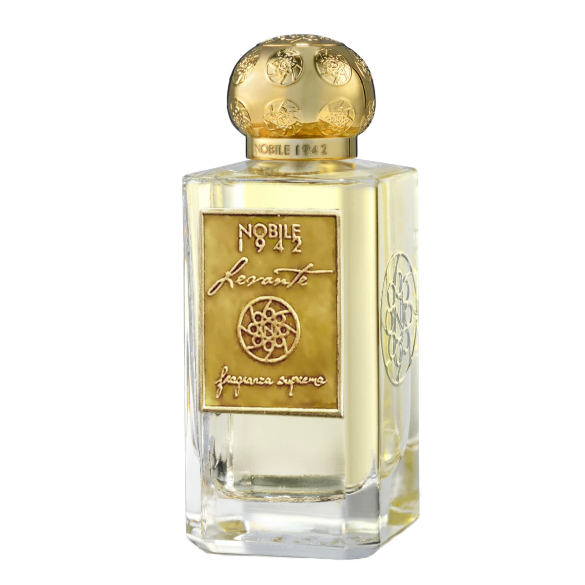 Nobile 1942 - Levante - Fragranza Suprema Parfumflakon mit goldfarbenem Verschluss und vergoldetem Etikett vor weißem Hintergrund
