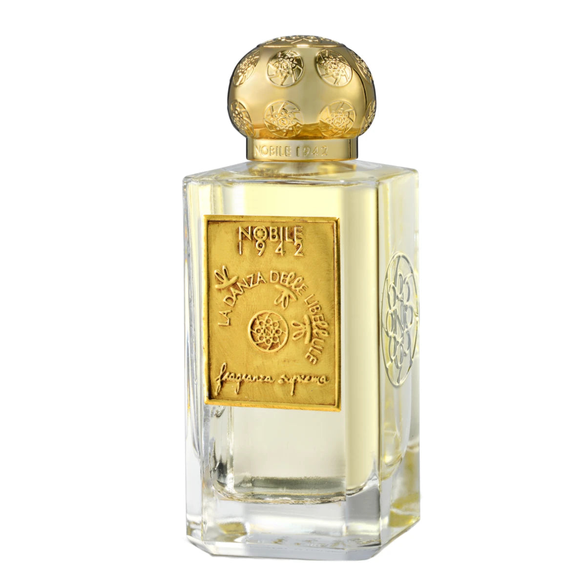 Nobile 1942 - La Danza delle Libellule - Fragranza Suprema klarer Flakon mit goldfarbenem Verschluss und Emblem vor weißem Hintergrund