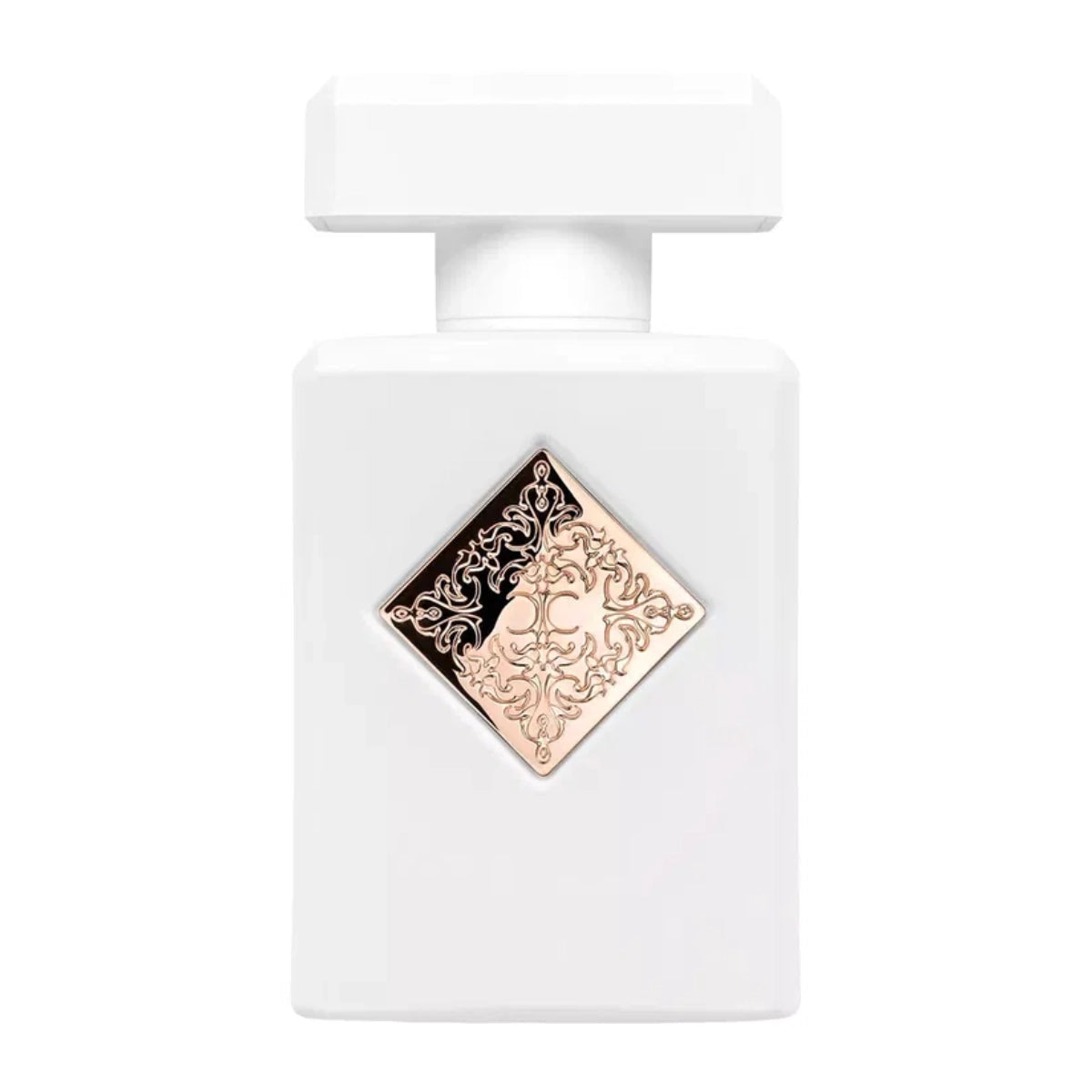 Initio - Hedonist Collection - Lift Me Up Parfümflakon in elegantem weiß mit verziertem gold-schwarzen Emblem vor hellem Hintergrund
