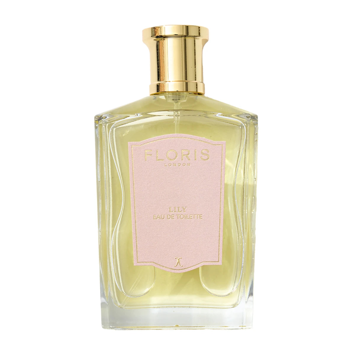 Floris - Lily klarer Parfumflakon mit goldfarbenem Verschluss und zartem rosa Etikett vor weißem Hintergrund