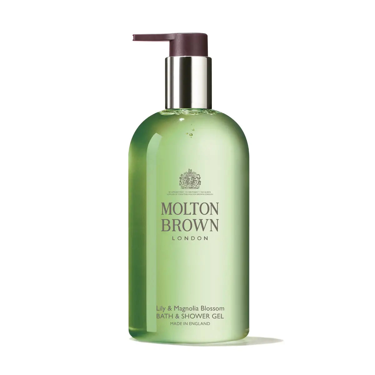 Molton Brown - Lily & Magnolia Blossom Bath & Shower Gel in grünem Spender mit silbernem Pumpverschluss auf weißem Hintergrund