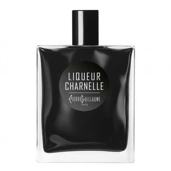 Pierre Guillaume - Black Collection - Liqueur Charnelle mit edlem schwarzem Glasflakon und minimalistischer Beschriftung vor weißem Hintergrund