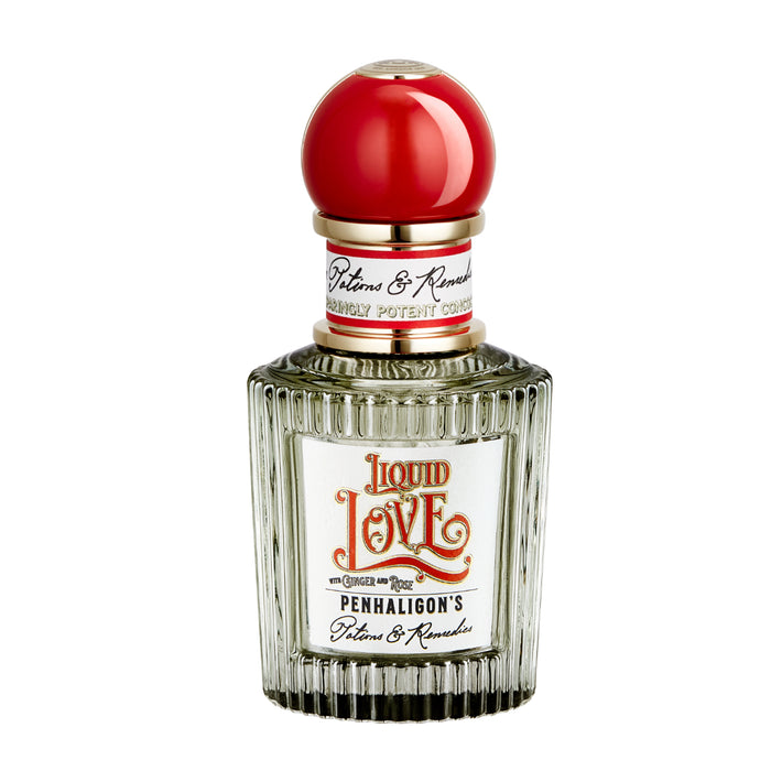 Penhaligon's - Potions & Remedies - Liquid Love Flakon mit charakteristisch rotem Verschluss und verziertem Etikett im eleganten Stil