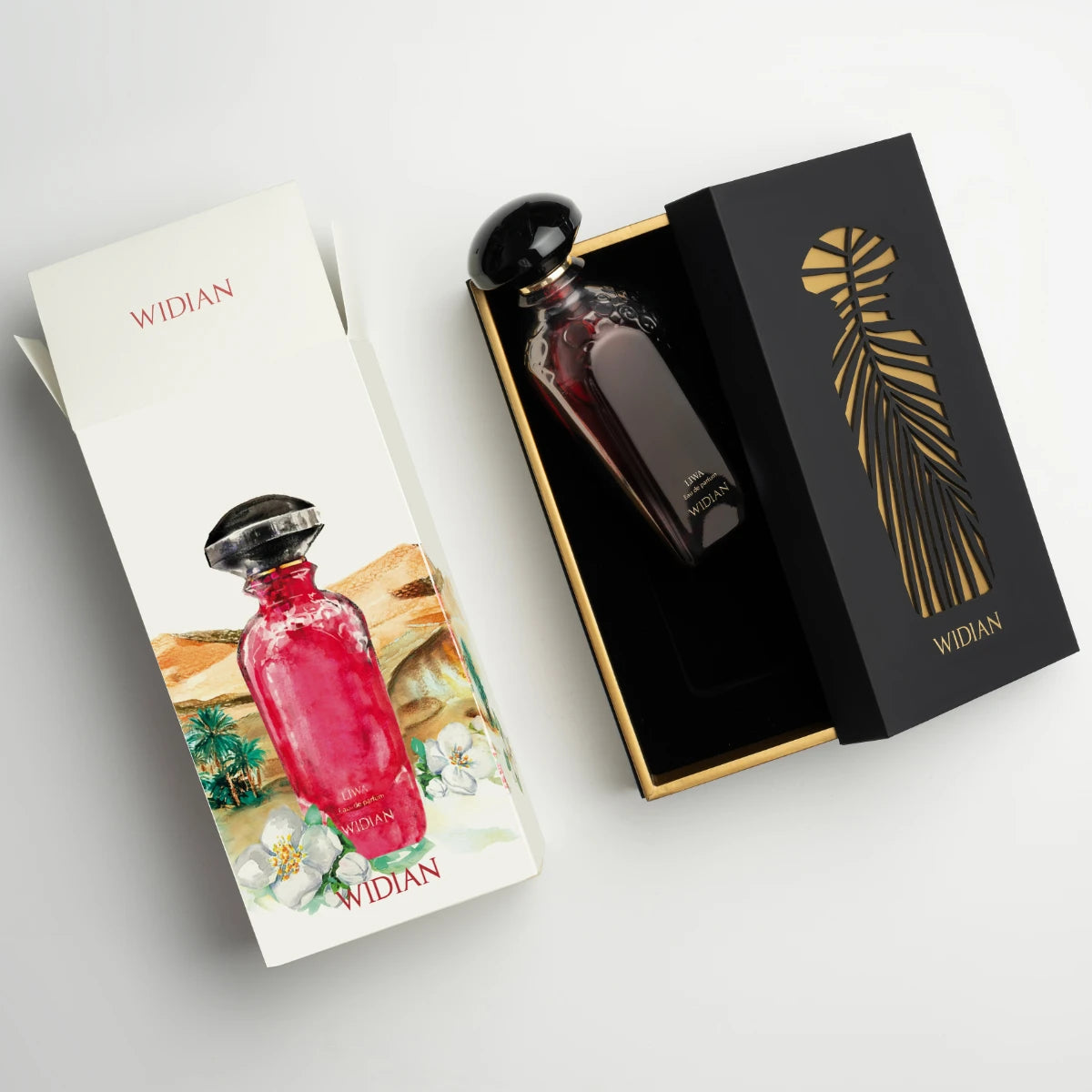Widian - Velvet Collection - Liwa - Eau de Parfum mit dunkelrotem Flakon und edler schwarzer Geschenkbox mit goldener Verzierung