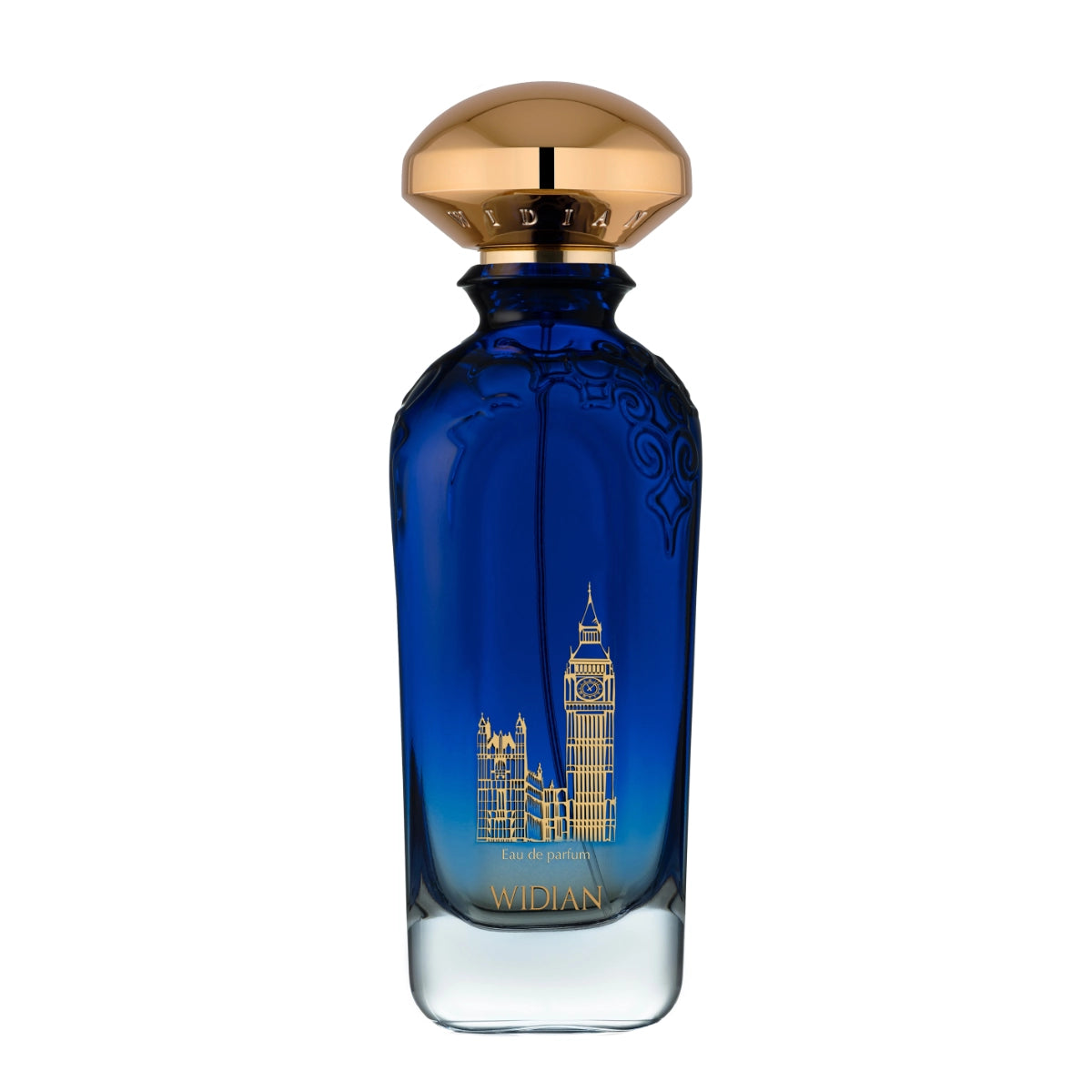 Widian - Sapphire Collection - London - Eau de Parfum mit blauem Flakon und goldfarbenem Big Ben Motiv elegant gestaltet