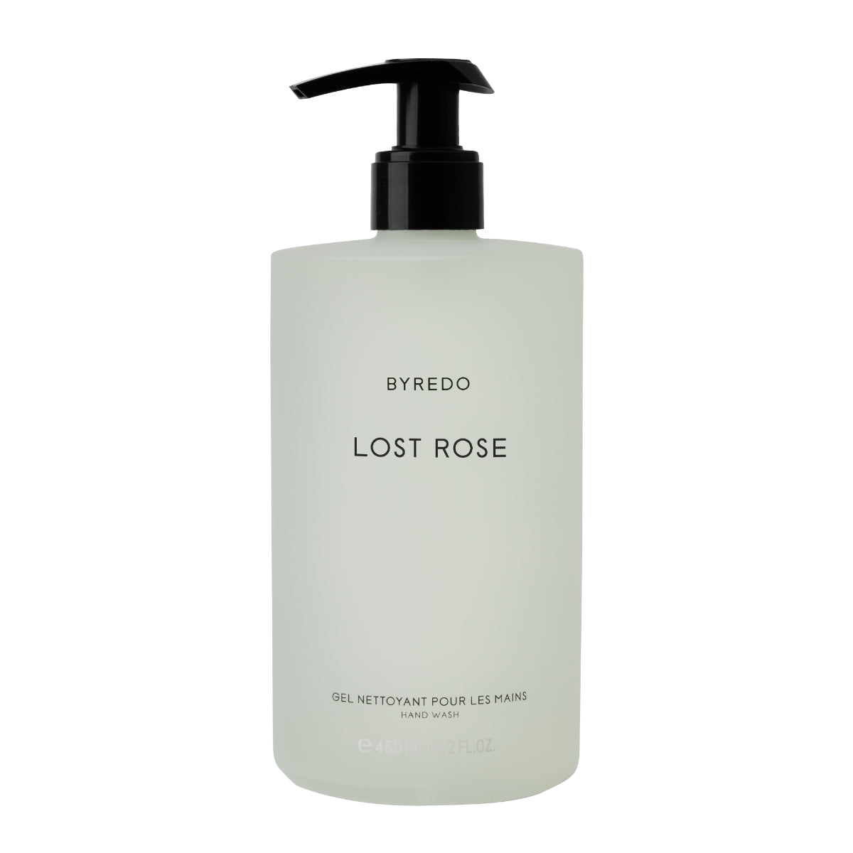 Byredo - Lost Rose - Hand Wash in schlichter mattschwarzer Pumpe und milchig-transparentem Behälter vor weißem Hintergrund
