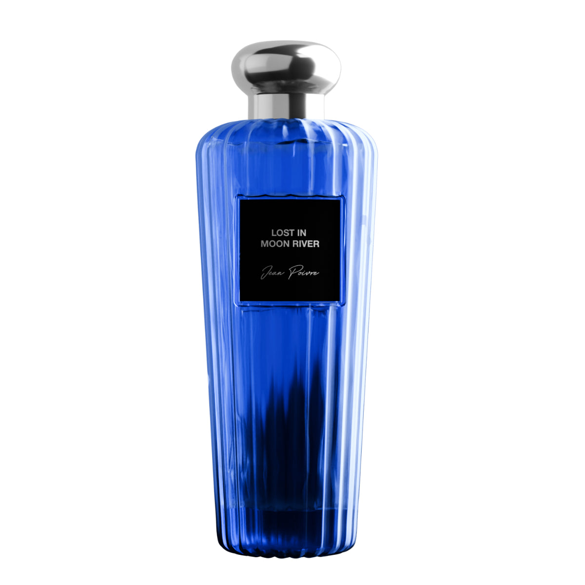 Jean Poivre - Lost in Moon River Parfumflakon in tiefem Blau mit silbernem Deckel und elegant geriffelter Oberfläche